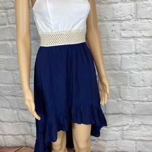 WET SEAL Dress Medium Blue White Beige Midriff High Low Ruffle Strapless